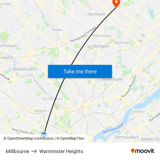 Millbourne to Warminster Heights map