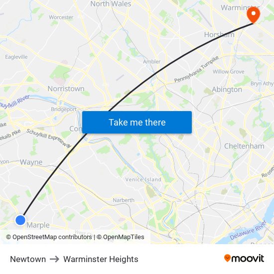 Newtown to Warminster Heights map