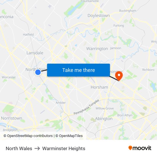 North Wales to Warminster Heights map