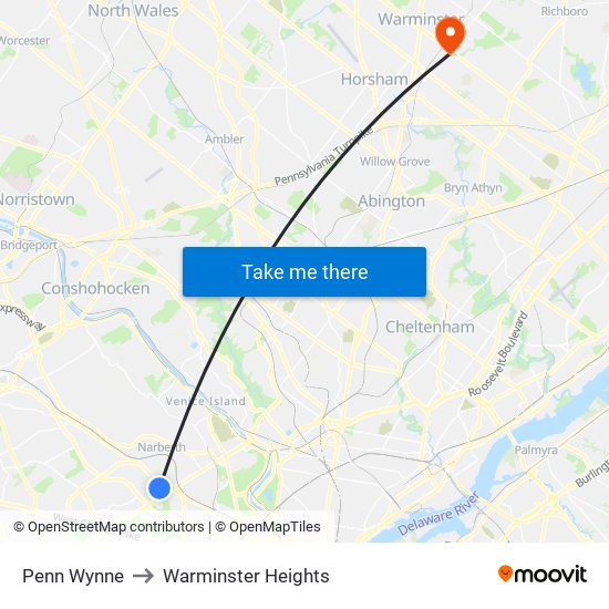 Penn Wynne to Warminster Heights map