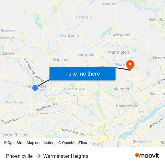 Phoenixville to Warminster Heights map