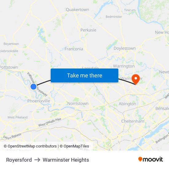 Royersford to Warminster Heights map