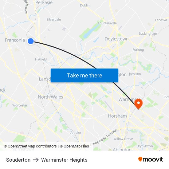 Souderton to Warminster Heights map