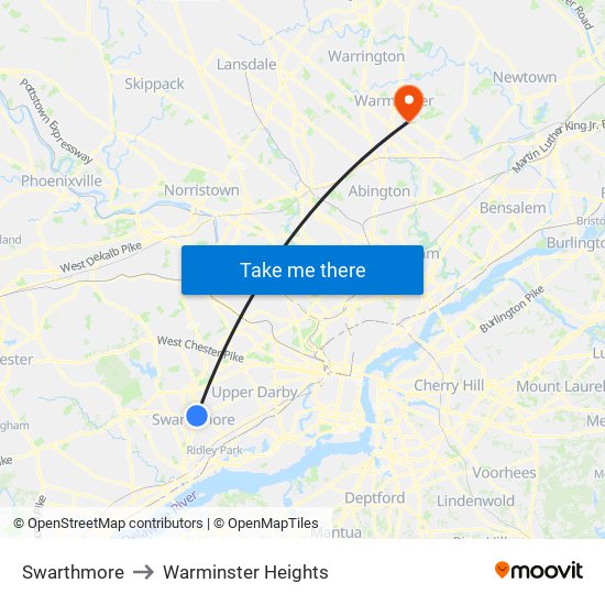 Swarthmore to Warminster Heights map