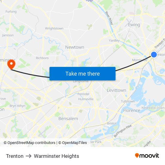 Trenton to Warminster Heights map