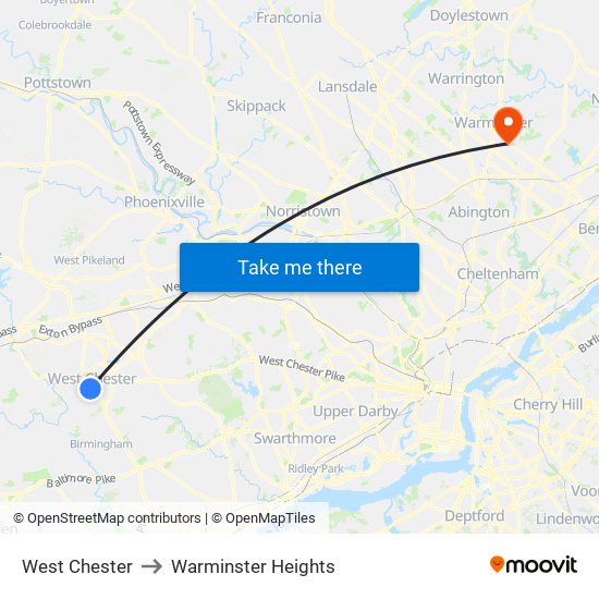 West Chester to Warminster Heights map