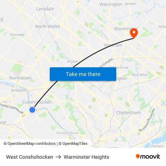 West Conshohocken to Warminster Heights map
