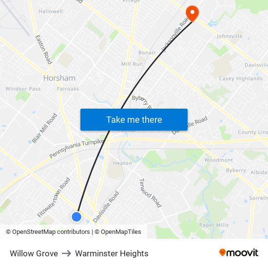 Willow Grove to Warminster Heights map