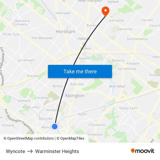 Wyncote to Warminster Heights map