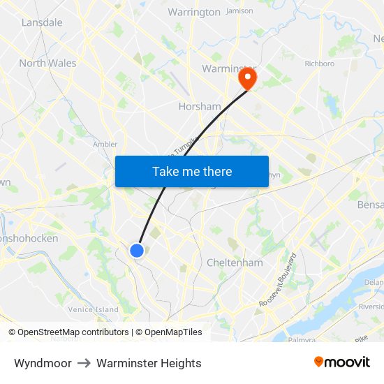 Wyndmoor to Warminster Heights map