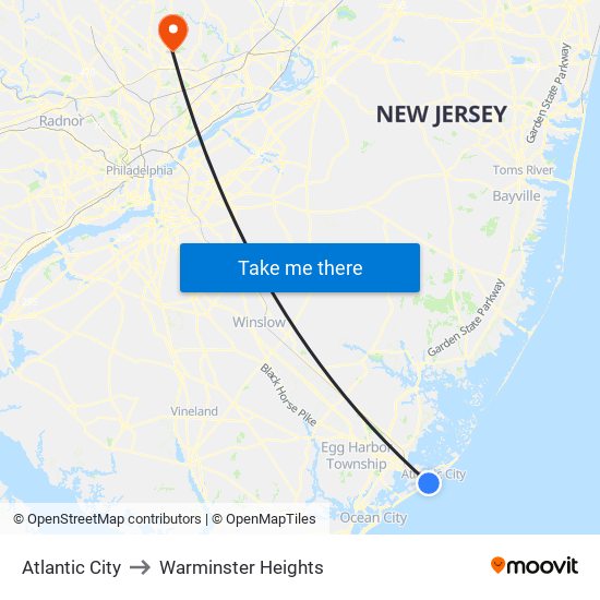 Atlantic City to Warminster Heights map