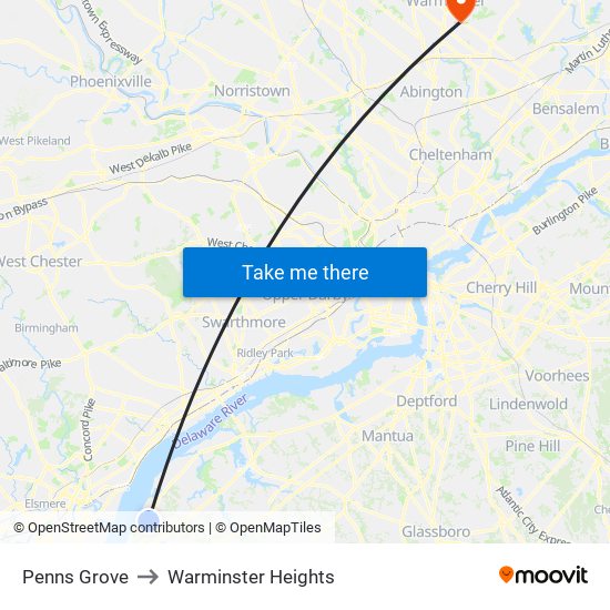 Penns Grove to Warminster Heights map