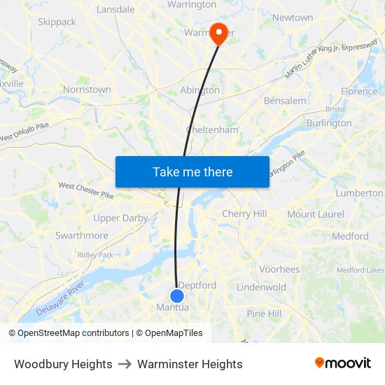 Woodbury Heights to Warminster Heights map