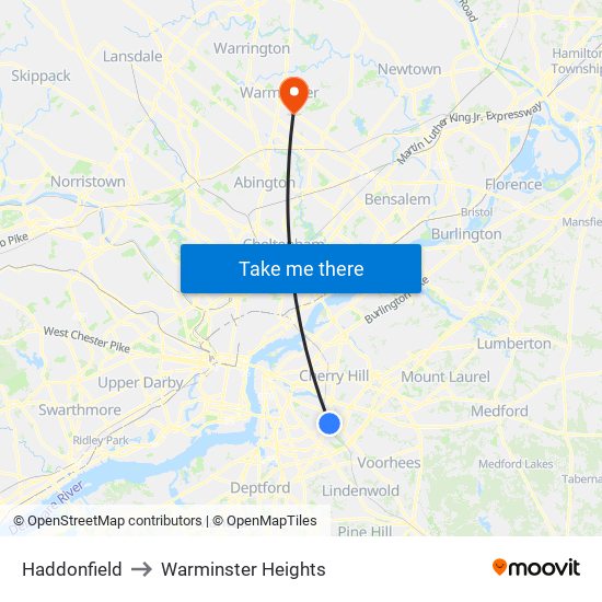 Haddonfield to Warminster Heights map