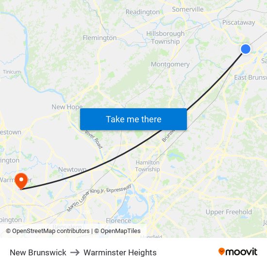New Brunswick to Warminster Heights map