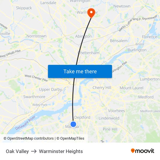 Oak Valley to Warminster Heights map