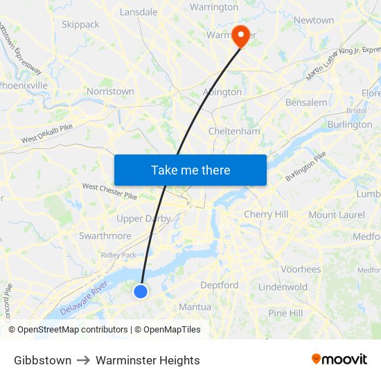 Gibbstown to Warminster Heights map