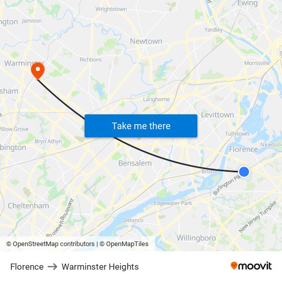 Florence to Warminster Heights map