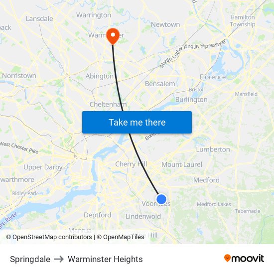 Springdale to Warminster Heights map