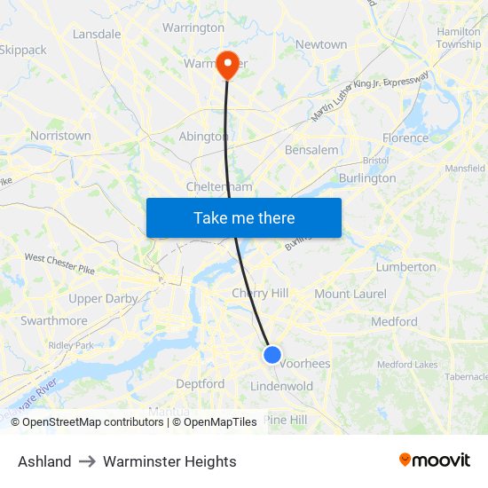 Ashland to Warminster Heights map