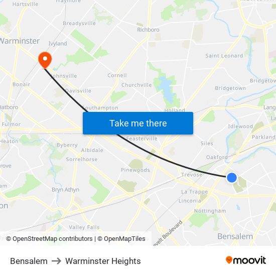 Bensalem to Warminster Heights map