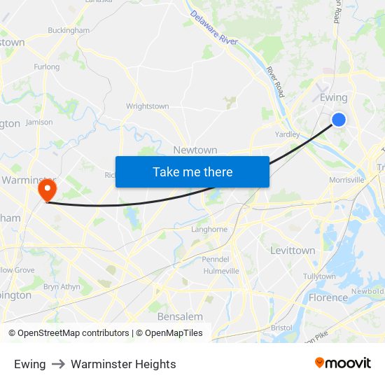 Ewing to Warminster Heights map