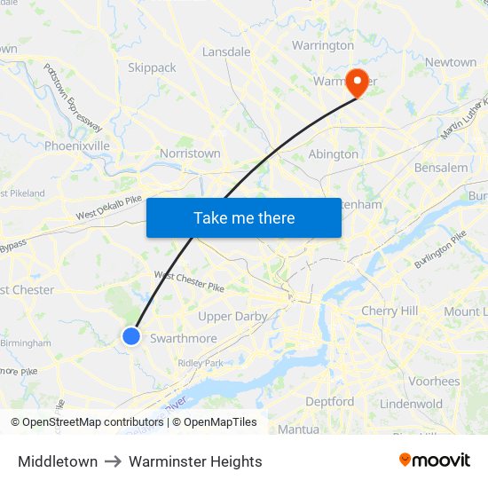 Middletown to Warminster Heights map