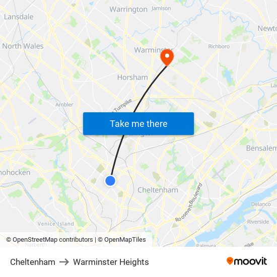 Cheltenham to Warminster Heights map