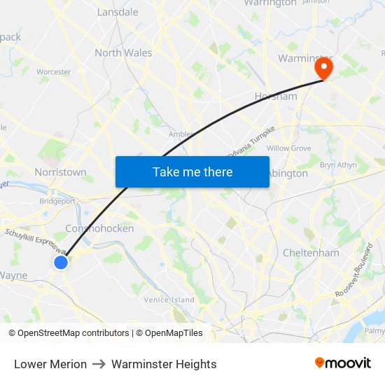 Lower Merion to Warminster Heights map