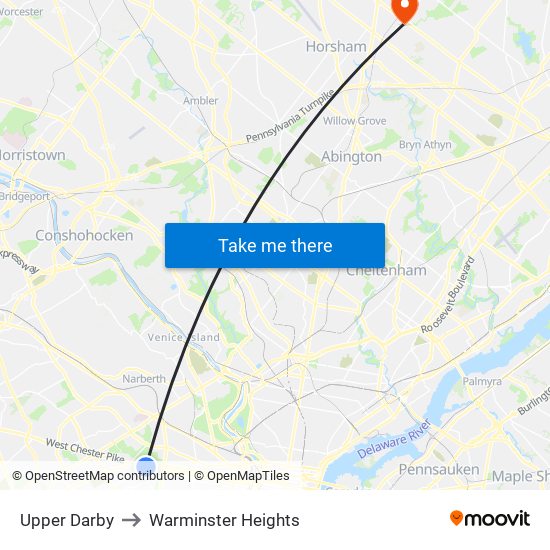Upper Darby to Warminster Heights map