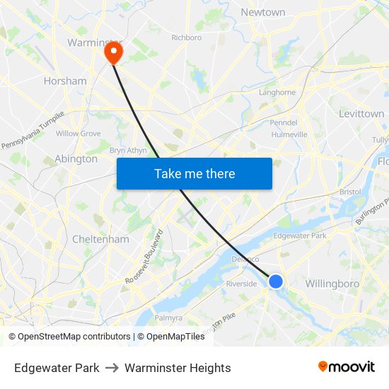 Edgewater Park to Warminster Heights map