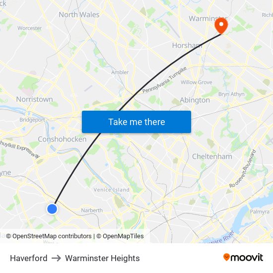 Haverford to Warminster Heights map