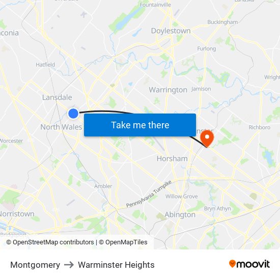 Montgomery to Warminster Heights map