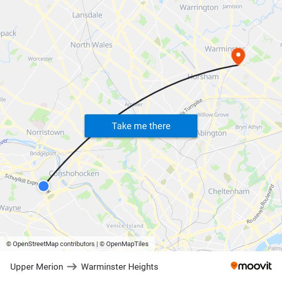 Upper Merion to Warminster Heights map