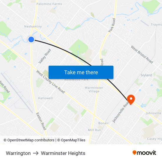 Warrington to Warminster Heights map