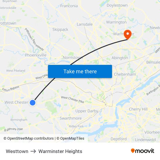 Westtown to Warminster Heights map