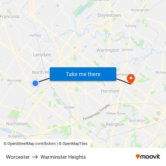 Worcester to Warminster Heights map