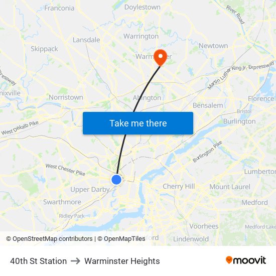 40th St Station to Warminster Heights map