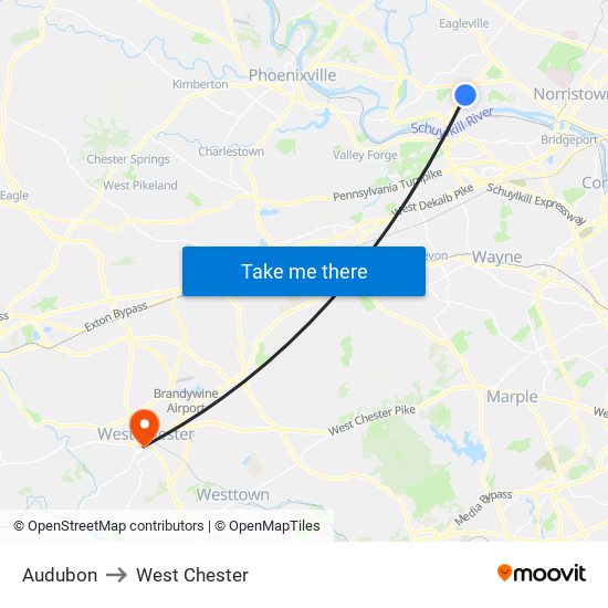 Audubon to West Chester map