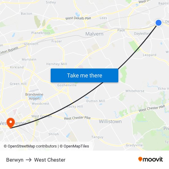 Berwyn to West Chester map