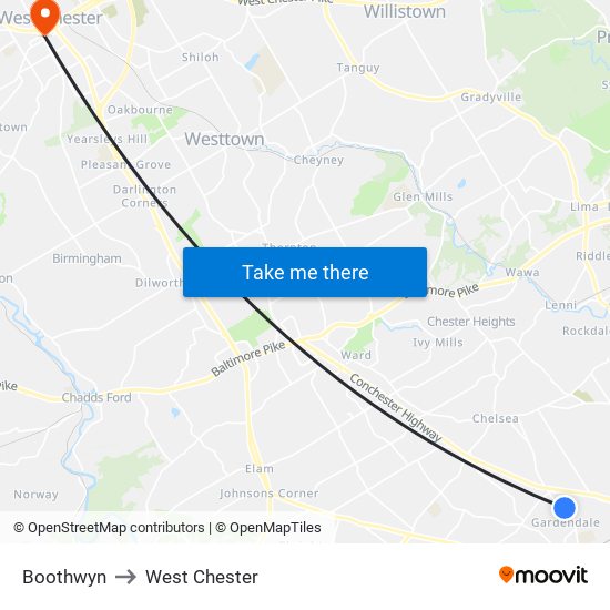 Boothwyn to West Chester map