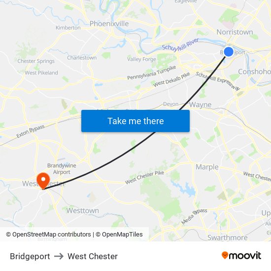 Bridgeport to West Chester map