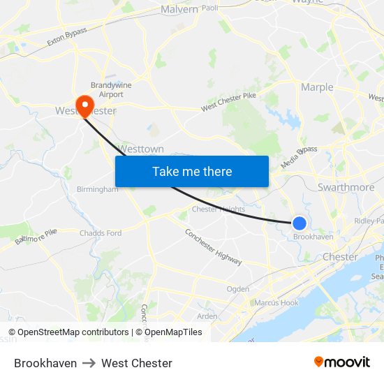 Brookhaven to West Chester map
