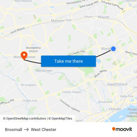 Broomall to West Chester map