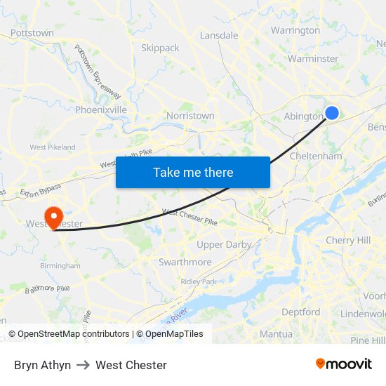 Bryn Athyn to West Chester map