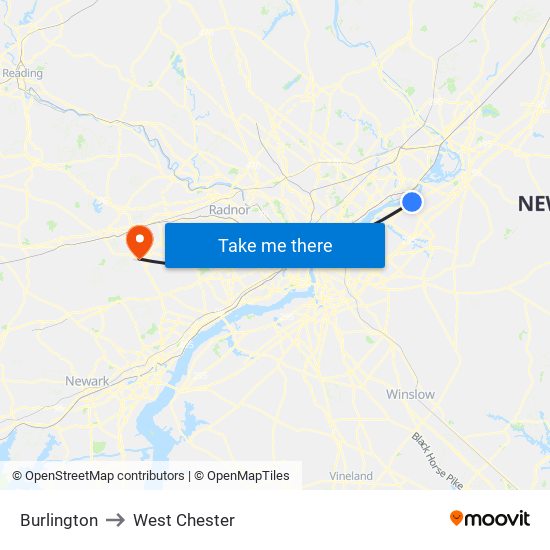 Burlington to West Chester map