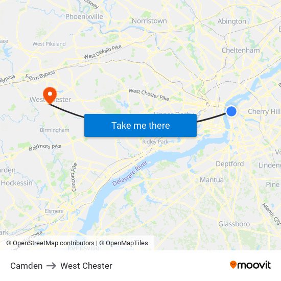Camden to West Chester map