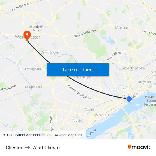Chester to West Chester map