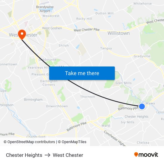 Chester Heights to West Chester map