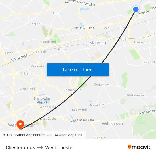 Chesterbrook to West Chester map